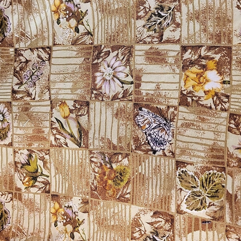 Patchwork fabric with wild flowers, leaves, and butterflies - 2/3 yds, plus 3 pc